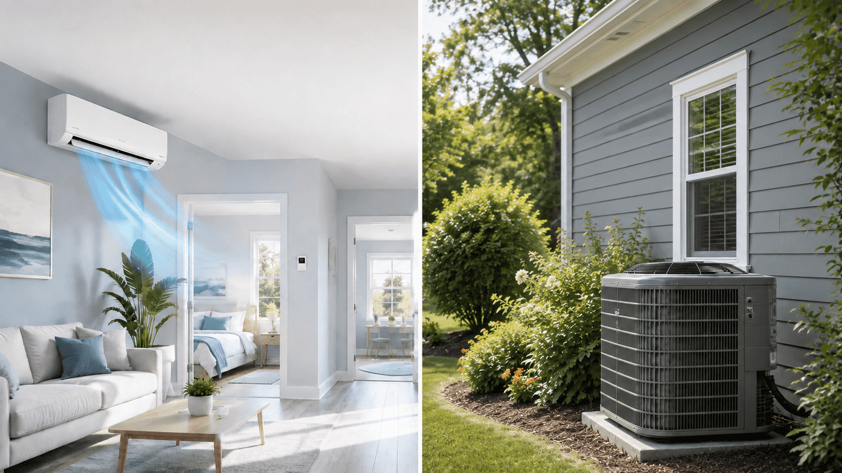 Split image showing a ductless mini-split system cooling a room on the left and a central air conditioning unit outside a home on the right.